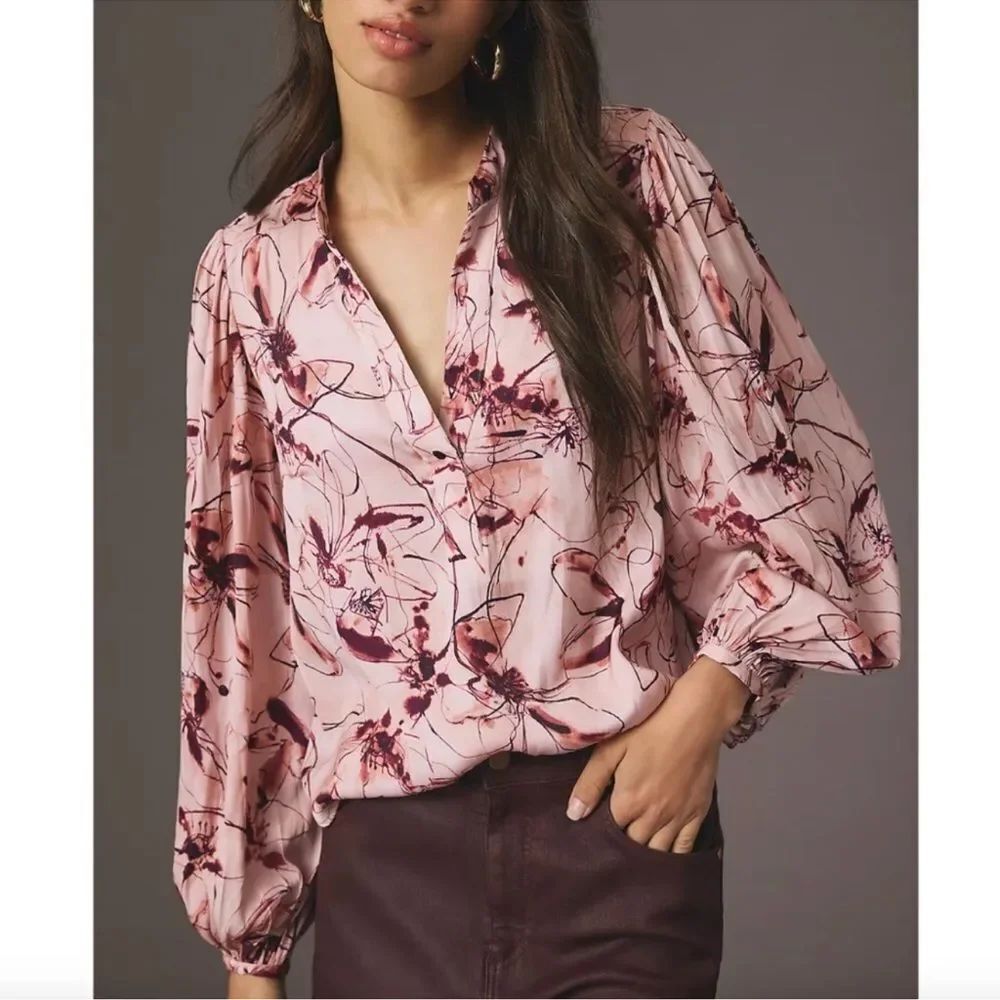 Anthropologie XS Pink Burgundy Floral Pleated Long Balloon Sleeve Blouse